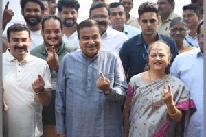 Nitin Gadkari along with his family voted at municipal town hall in Mahal