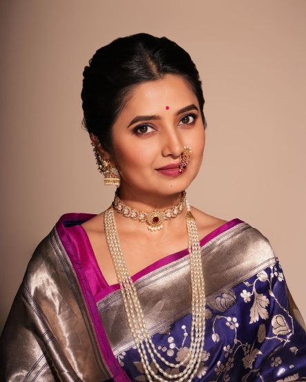 Prajakta Mali Blue Saree Look