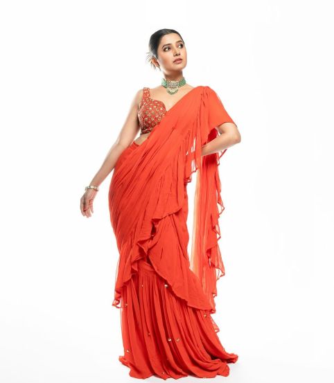 Prajakta Mali Orange Ruffle Saree