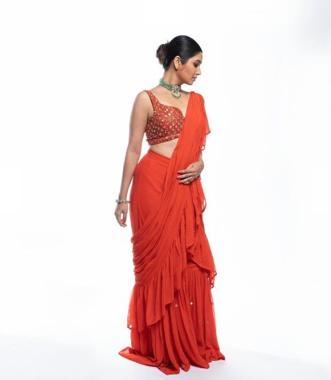 Prajakta Mali Orange Ruffle Saree