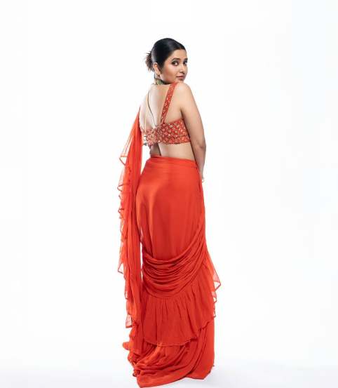 Prajakta Mali Orange Ruffle Saree