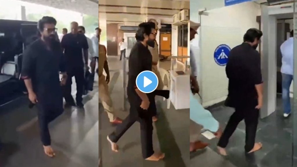 south superstar ram charan goes barefoot heads to lucknow video viral