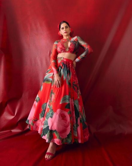 Sai Tamhankar Red Floral Lehenga