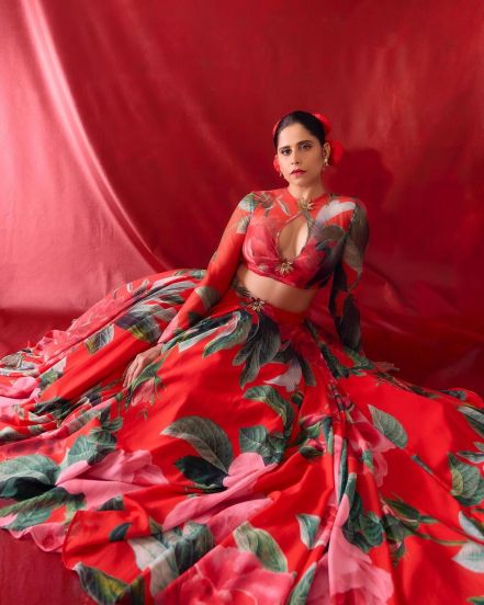 Sai Tamhankar Red Floral Lehenga