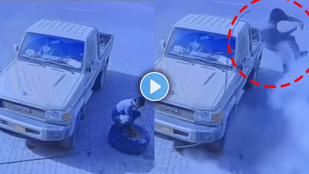 Shocking video of a accident when a person filling the tire with air viral video on social media