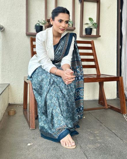 Actress Shweta Rajan poses in a fusion of saree and a jacket for her character in marathi serial Paru