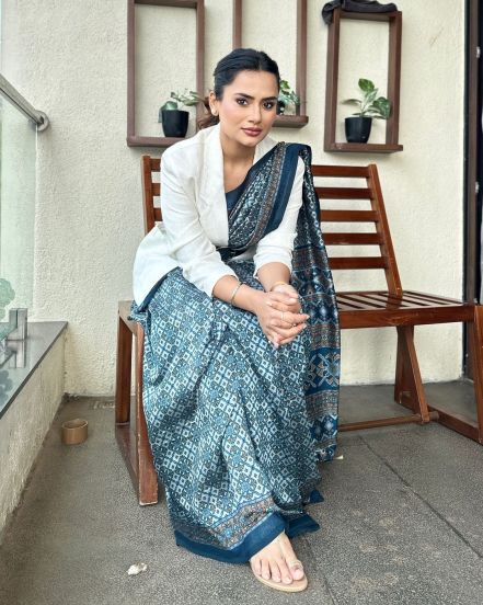 Actress Shweta Rajan poses in a fusion of saree and a jacket for her character in marathi serial Paru