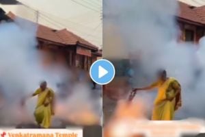 an old lady burst firecrackers in hand shocking video goes viral on social media