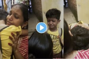 A little boy leaving home cried hugging his mother after Diwali holidays are over