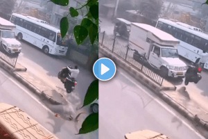 Viral Video Scooter Rider Escapes Unhurt As He Lands On Truck Bonnet After Hitting Divider On Busy Road