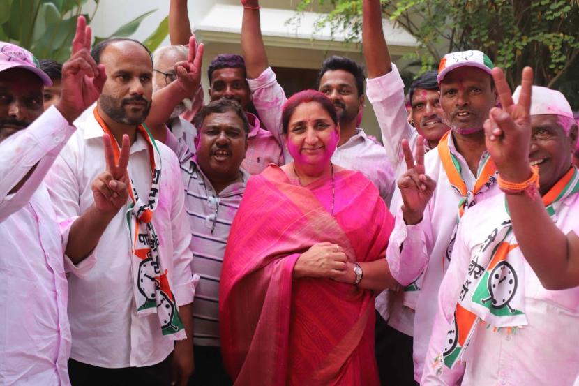 Ajit Pawars Sons Parth Pawar and Jay Pawar led the celebrations at Sahayog Bungalow in Baramati