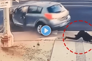 Brutal car Accident video car hit by a poll man fell out viral video on social media