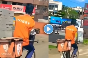 Viral video of disabled swiggy delivery boy doing food delivery by riding a cycle