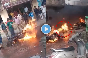 Bike caught a fire alive man burnt in fire viral video on social media