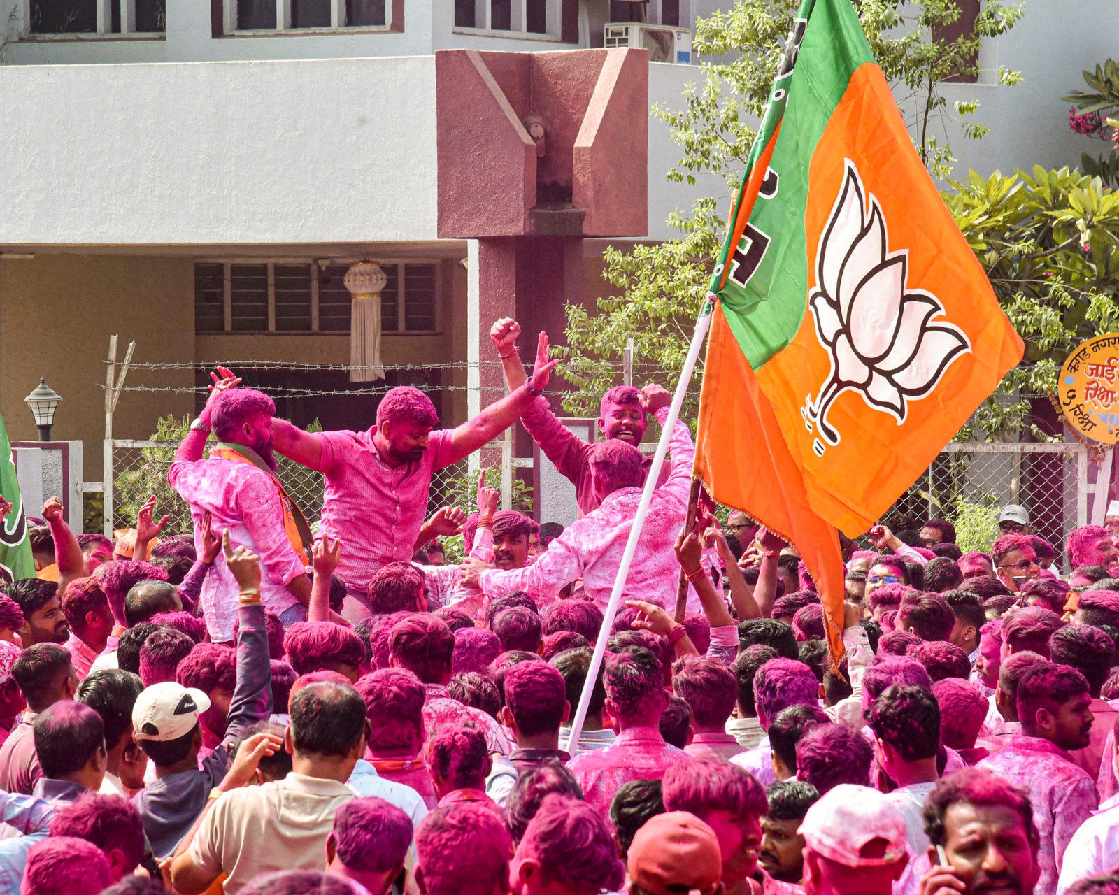 BJP workers in Karad rejoice after Manoj Ghorpade of the BJP won the Karad North Assembly seat (Photo credit: PTI)