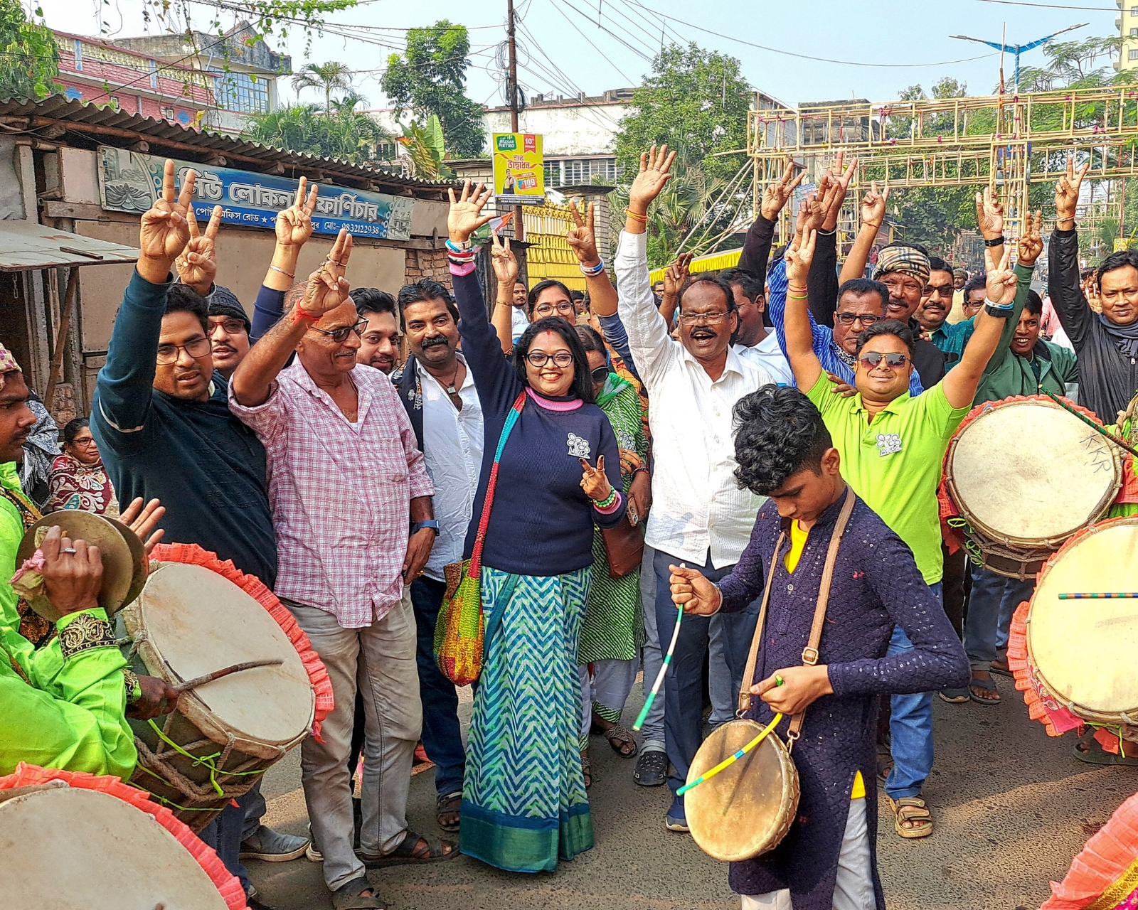 Trinamool Congress supporters celebrate party candidate Sujoy Hazra's victory in the Medinipur Sadar by-elections, in West Medinipur. (Photo credit: PTI)