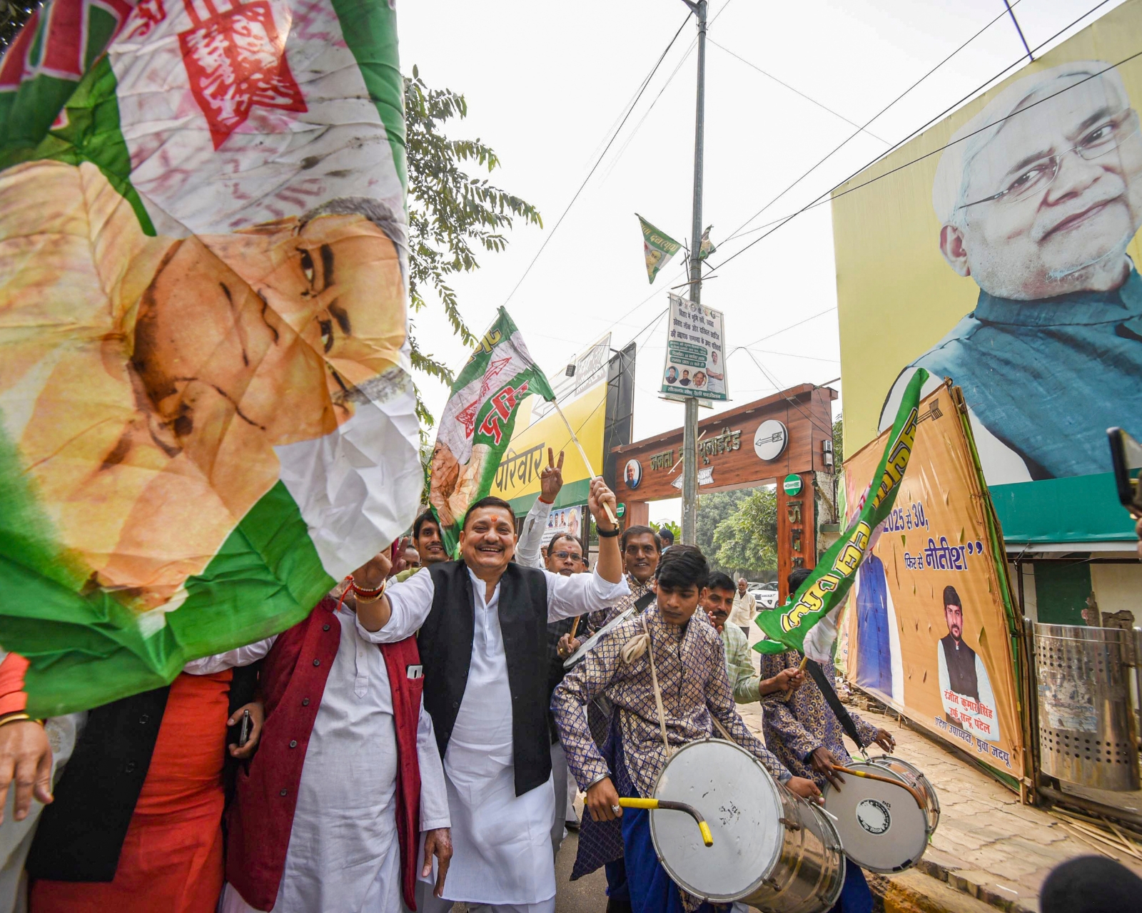 JDU supporters celebrate their victory in the Belaganj Bihar assembly by-elections, in Patna. (Photo credit: PTI)