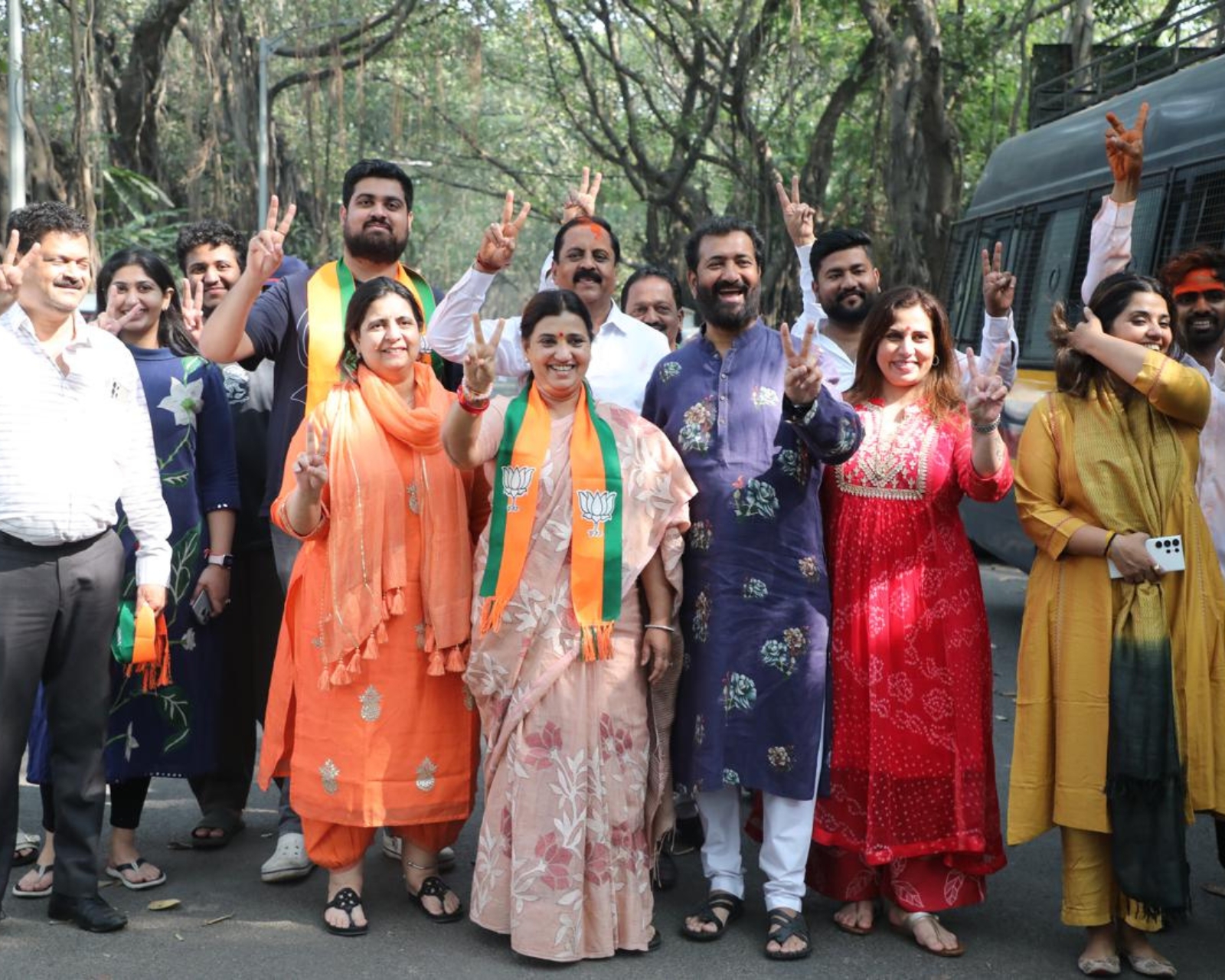 Madhuri Misal, BJP candidate for the Parvati constituency,arrived at the counting centre on Saturday. (Express photo: Arul Horizon)