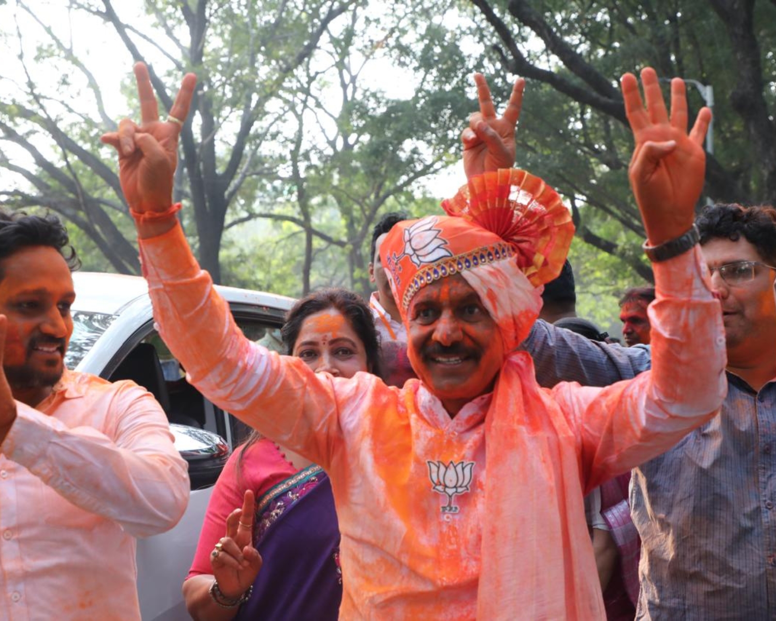 Bhimrao Tapkir, BJP candidate for the Khadakwasla constituency, arrived at the counting centre on Saturday. (Express photo: Arul Horizon)