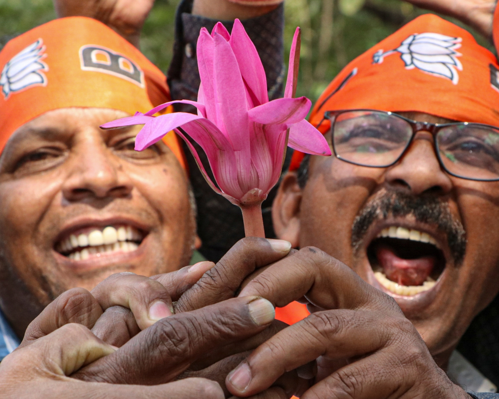 BJP workers celebrate their party's lead in the Maharashtra assembly elections, in Nagpur. (Photo credit: PTI)