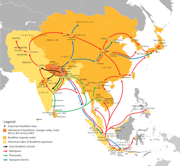 The Silk Road transmission of Buddhism: Mahayana Buddhism first entered the Chinese Empire (Han dynasty) during the Kushan Era. The overland and maritime "Silk Roads" were interlinked and complementary, forming what scholars have called the "great circle of Buddhism.