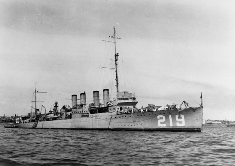 The U.S. Navy destroyer USS Edsall (DD-219) in San Diego Harbor, California (USA), during the early 1920s.