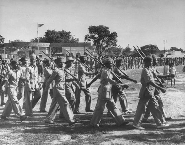 Muslim men undergoing paramilitary Razakar training in Telangana (1940s)