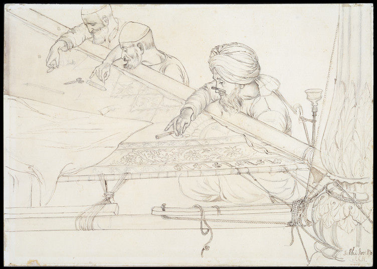 Drawing of Delhi gold embroiderers at work in 1870, by John Lockwood Kipling