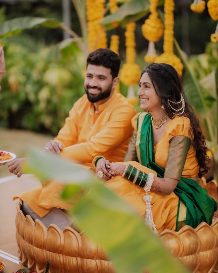 reshma shinde first photo with husband haldi ceremony