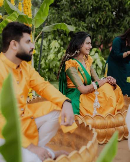 reshma shinde first photo with husband haldi ceremony