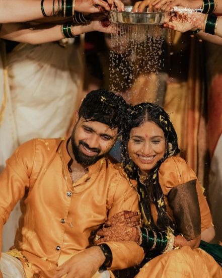 reshma shinde first photo with husband haldi ceremony