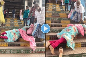 Woman fell down from stairs at railway station video viral on social media says it is a prank