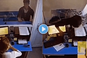 Shocking video of a Young man broke the glass and entered the cabin of woman employee harassment video viral