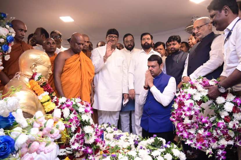 chief minister Devendra fadanvis dcm Eknath shinde and ajit pawar pays tribute to dr Babasaheb Ambedkar on mahaparinirvan diwas at chaityabhoomi