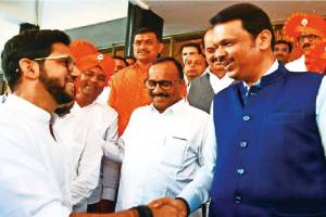 Shiv Sena Legislature Party leader Aditya Thackeray congratulates Chief Minister Devendra Fadnavis print politics news