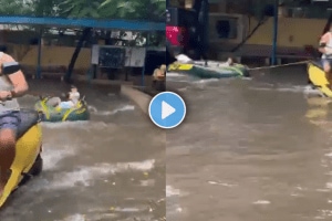 Chennai mans scooter-raft ride with grandchildren in flooded complex Viral video