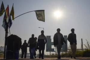 Farmers at their protest site at Shambhu border, in Patiala district, Punjab, Saturday,