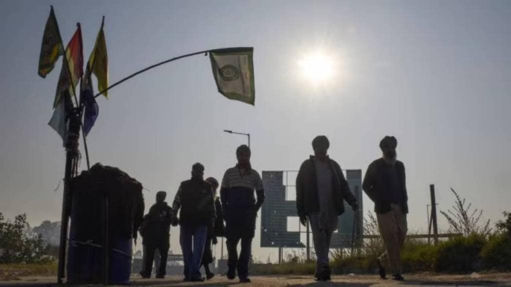 Farmers at their protest site at Shambhu border, in Patiala district, Punjab, Saturday,