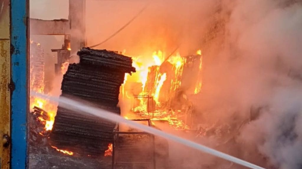 Massive fire breaks out at plywood factory in Naigaon factory materials burn