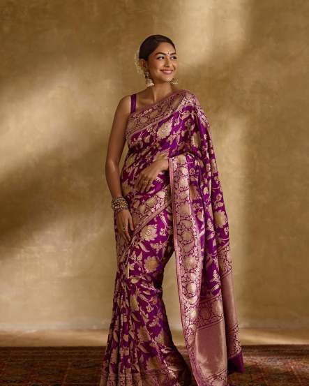 Mrunal Thakur Purple Banarasi Silk Saree Look