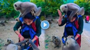 The monkey sat on the woman's head