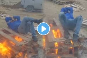 Video viral it was so cold that the person lay down on the burning woods watch this viral video netizans shock