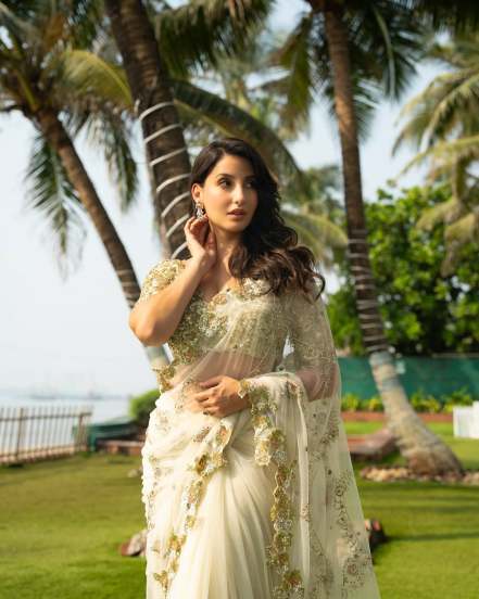 Nora Fatehi White Designer Saree Look