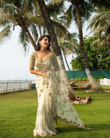 Nora Fatehi White Designer Saree Look