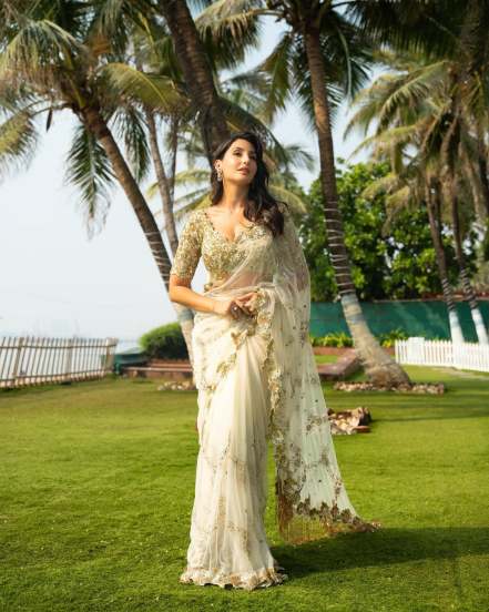 Nora Fatehi White Designer Saree Look