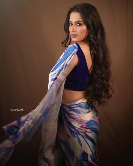 Prajakta Gaikwad Blue Satin Saree Look