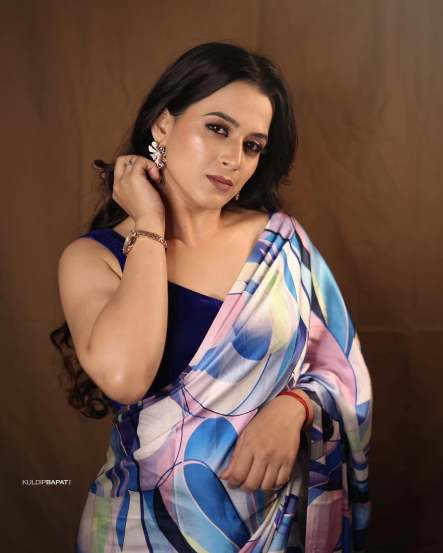 Prajakta Gaikwad Blue Satin Saree Look