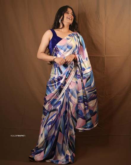 Prajakta Gaikwad Blue Satin Saree Look