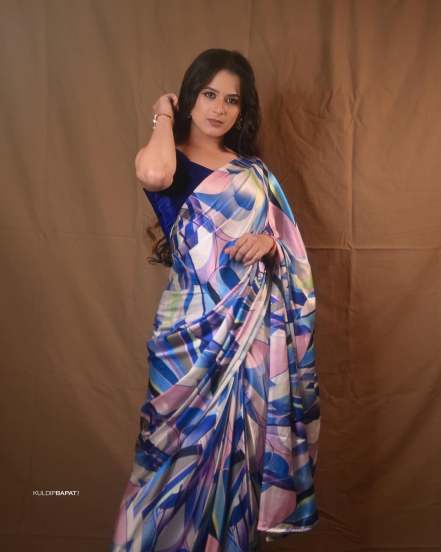 Prajakta Gaikwad Blue Satin Saree Look