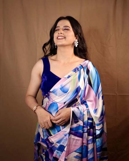 Prajakta Gaikwad Blue Satin Saree Look